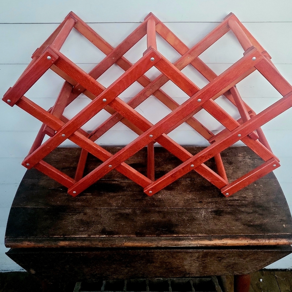 Vintage MCM Red Wood Accordian 8 Bottle Wine Rack / Farmhouse / Made In Japan